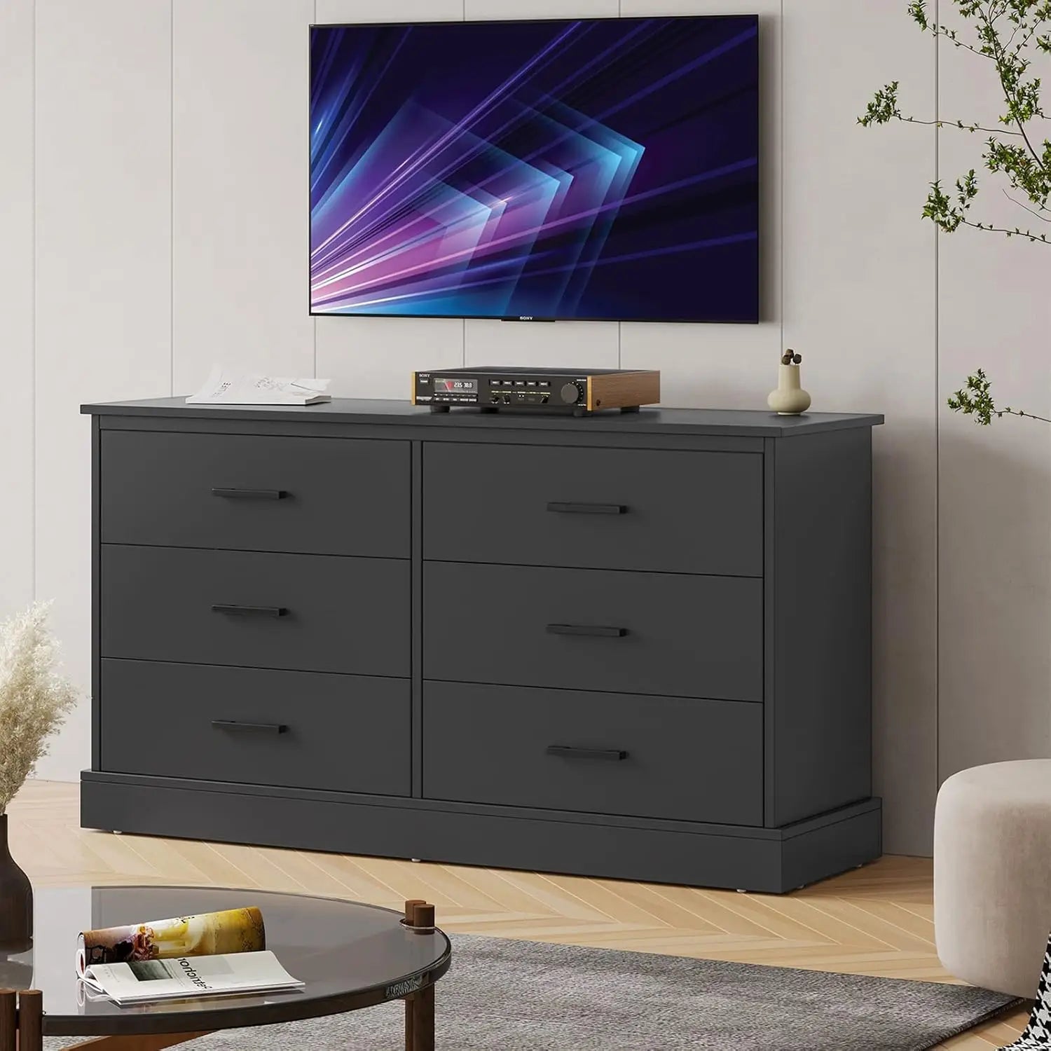 Black 6 Drawer Double Dresser for Bedroom, Wood Storage Tower Clothes Organizer, Wide Chest of 6 Drawers, Large Storage Cabinet