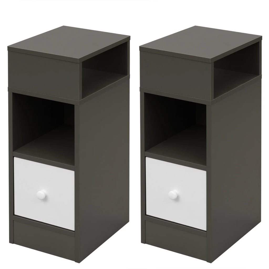 2PCs Bedroom Bedside Table with 2Open Shelves 1Drawer 25x66x30cm Slim Small Storage Cabinet Nightstand Space-Saving Home Decor