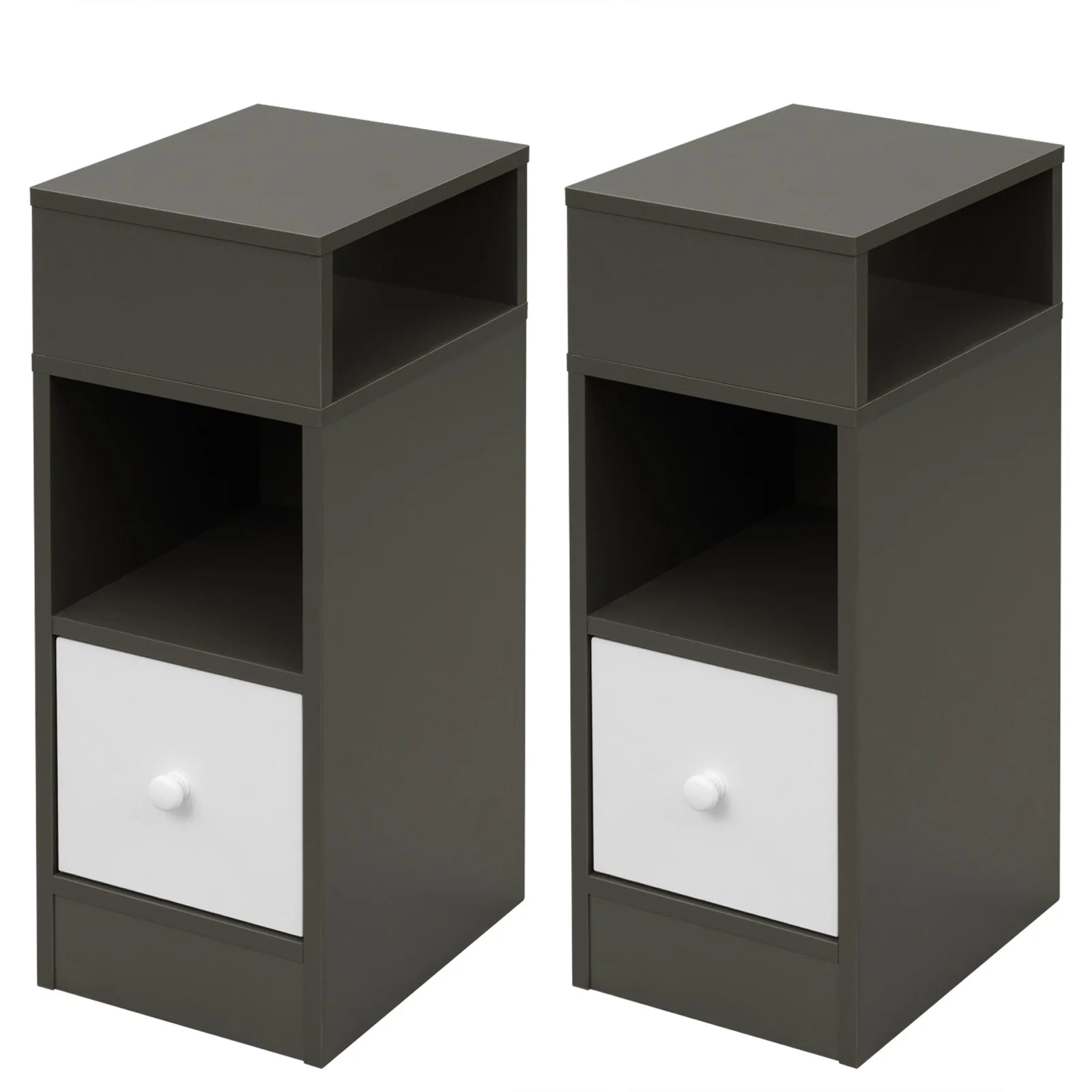 2PCs Bedroom Bedside Table with 2Open Shelves 1Drawer 25x66x30cm Slim Small Storage Cabinet Nightstand Space-Saving Home Decor