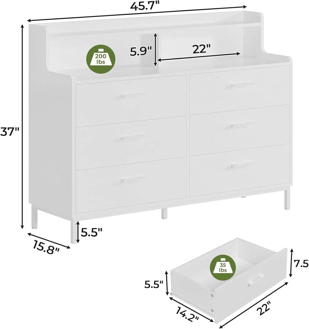 White Dresser for Bedroom with 6 Drawers and Storage Shelves, Wide Chest of Drawers with Sturdy Steel Legs, Large Wooden Storage