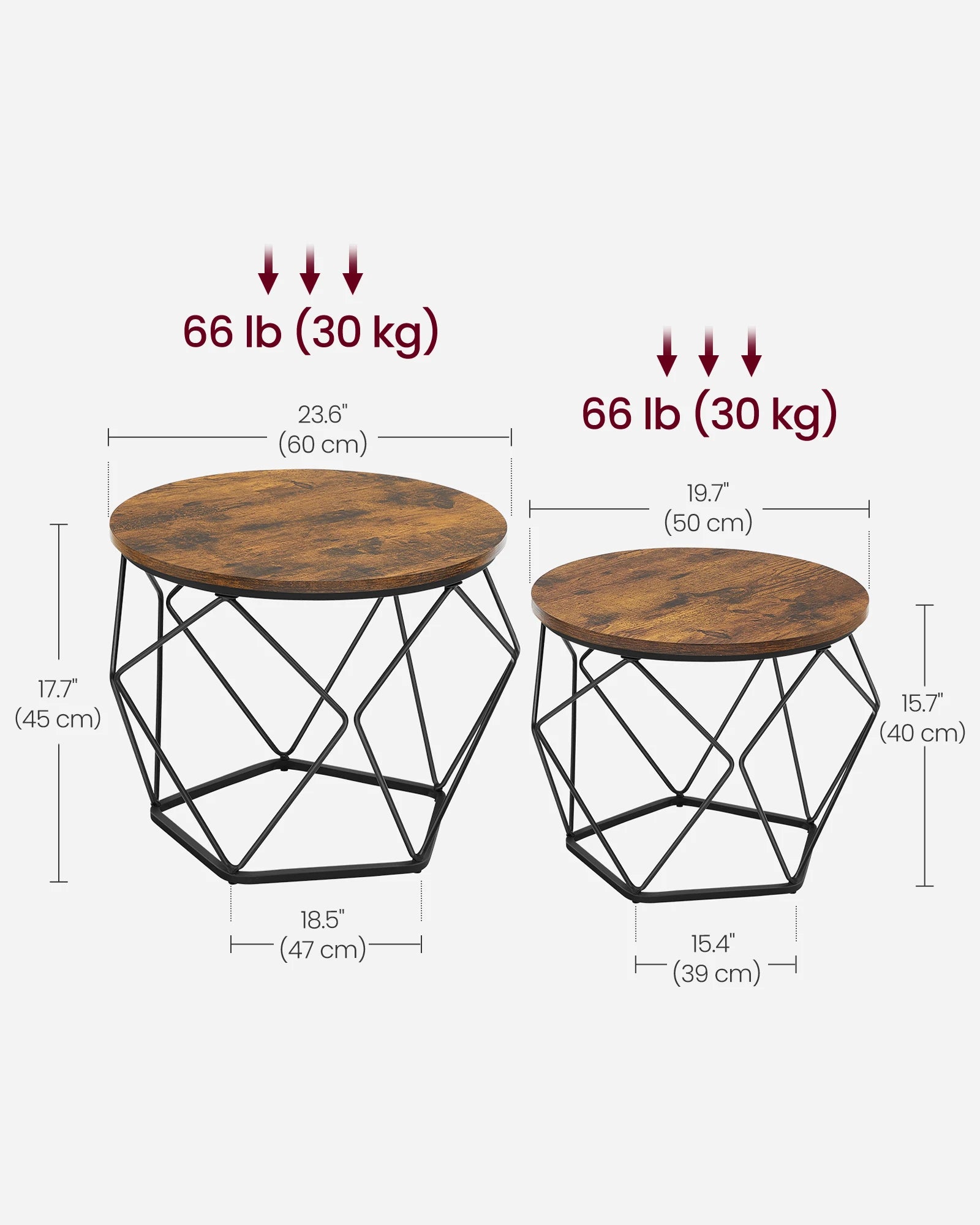 VASAGLE Small Coffee Table Set of 2, Round Coffee Table with Steel Frame, Side End Table for Living Room, Bedroom, Office