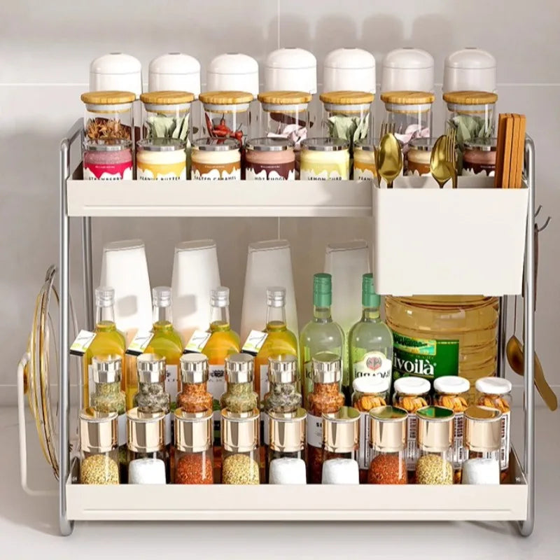 Stainless Steel Kitchen Rack Utensil Organizer Oil Spice Shelf Divided Seasoning Rack for Countertop Organization