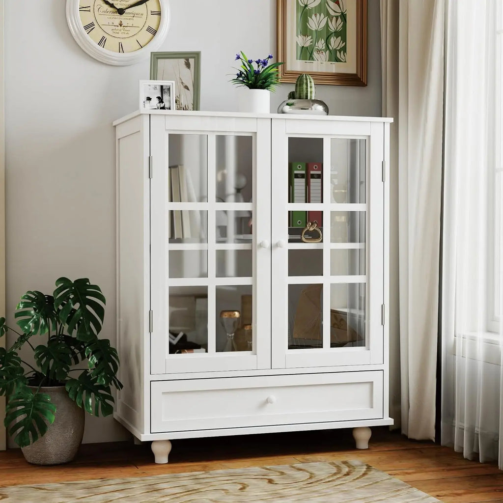 Buffet Cabinet with Glass Doors and Drawer, Modern Wood Storage Sideboard for Dining Room & Living Room, 28 Inch Accent Cabinet