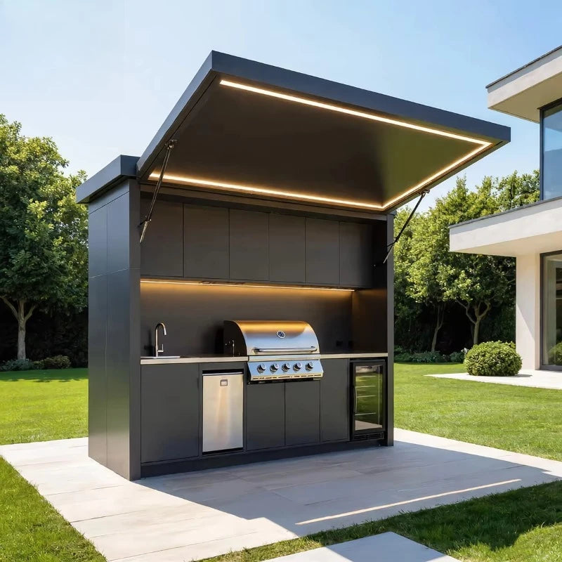 Customized luxury villa outdoor kitchen modular cabinets with barbecue gas stove and electric telescopic storage shed