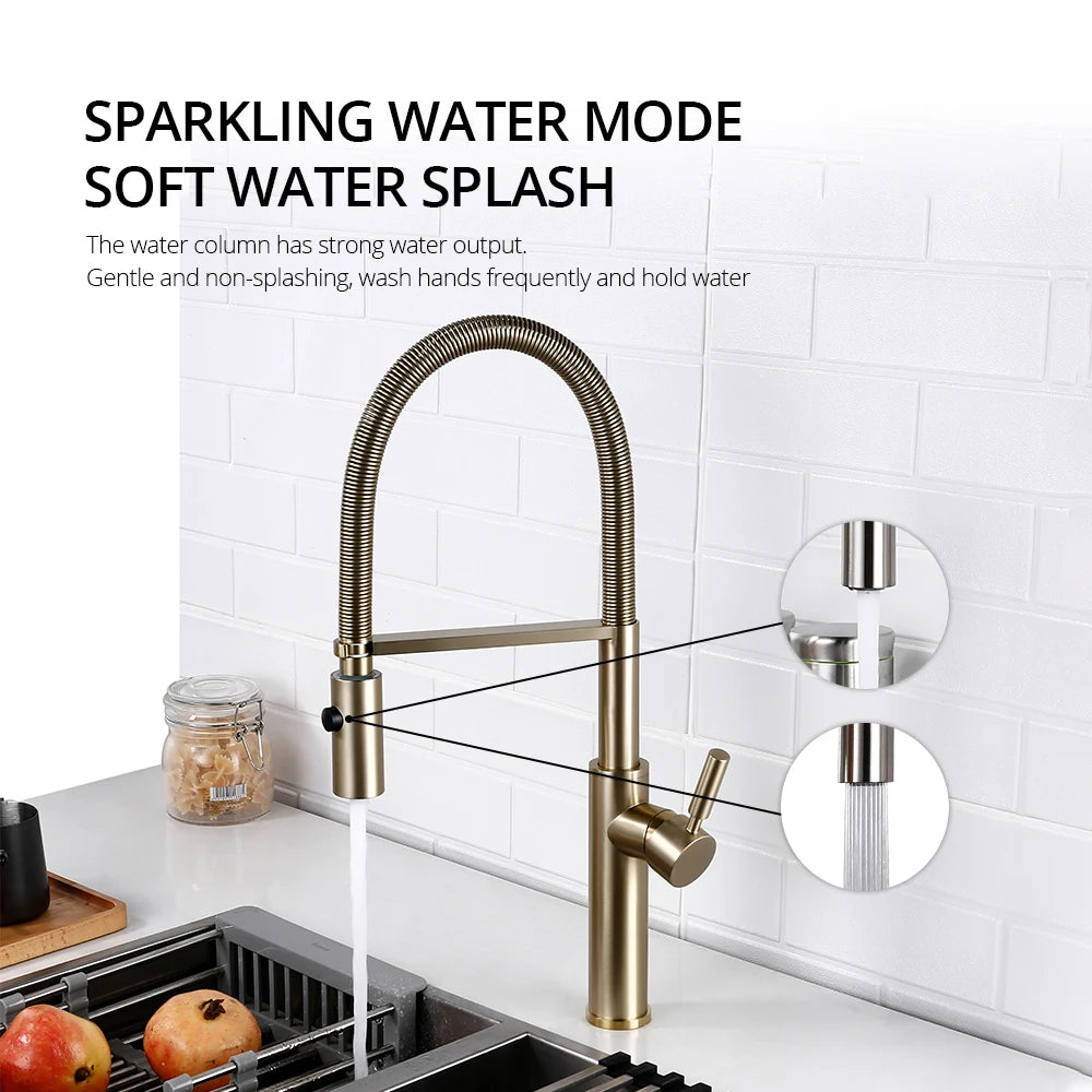 Brushed Gold Kitchen Faucets Brass Mixer for Kitchen Sink Single Lever Pull Out Spring Spout Tap Hot Cold Water 1036