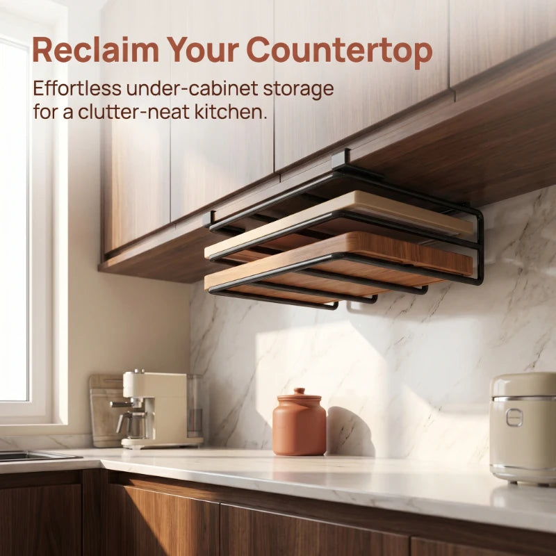 Under Cabinet Kitchen Hanging Organizer Rack with Hooks for Paper Towel Rags Cutting Board Pot Cover Storage