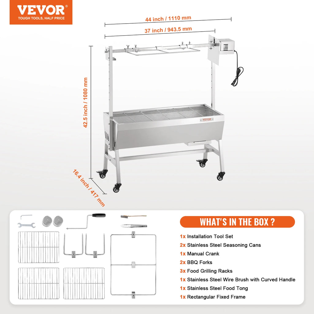 VEVOR 35inch Rotisserie Grill Electric Motor Charcoal Spit Grill Stainless Steel Roaster w/Lockable Wheels for Camping Outdoor