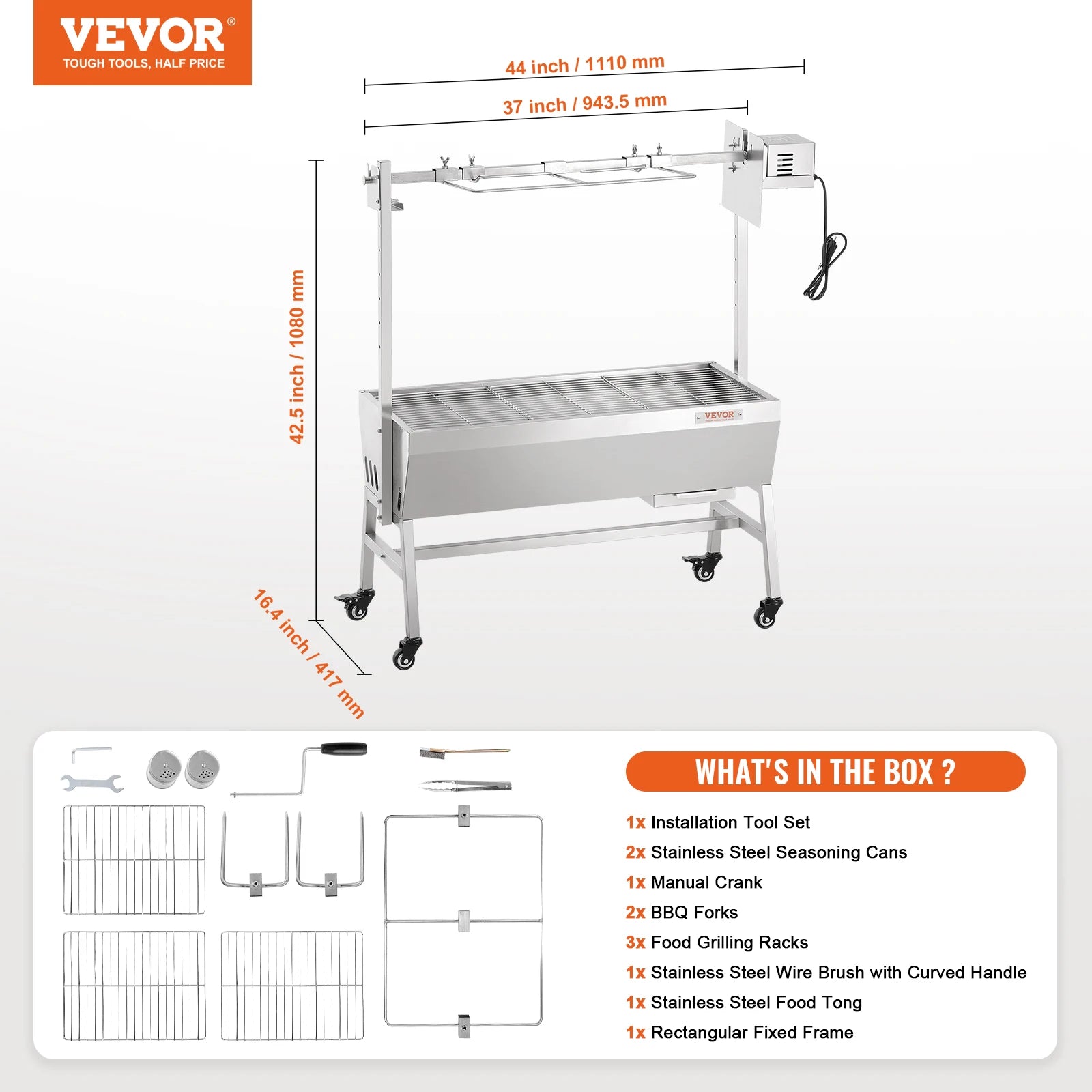 VEVOR 35inch Rotisserie Grill Electric Motor Charcoal Spit Grill Stainless Steel Roaster w/Lockable Wheels for Camping Outdoor