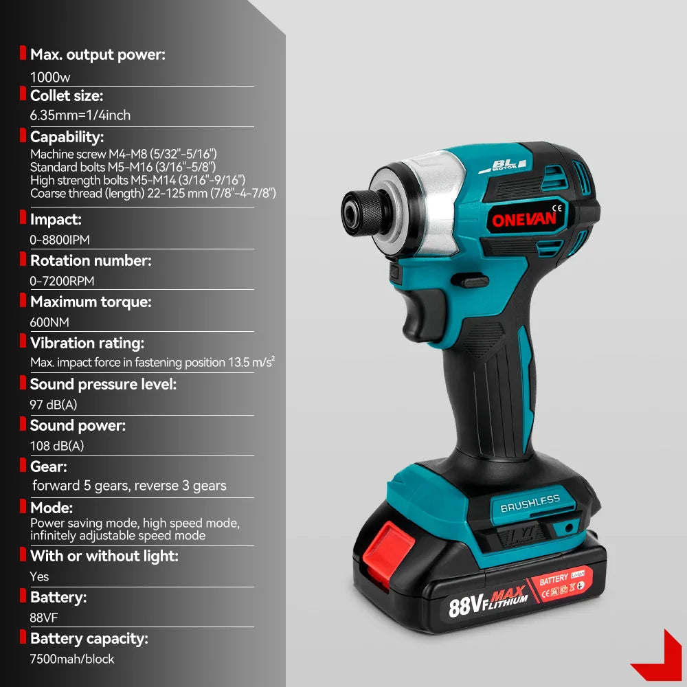 600N.m Brushless Electric Screwdriver Cordless 5-Speed Electric Impact Drill Rechargeable Power Tools Kit For 21V 18V Battery
