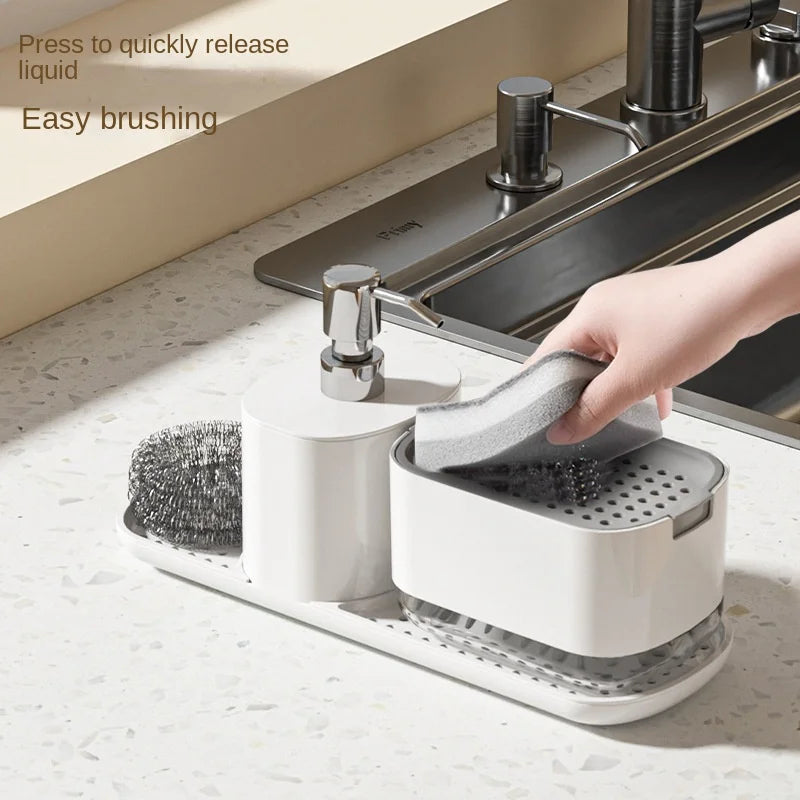 Kitchen countertop, detergent outlet box, sink, hand sanitizer outlet box, press soap dispenser, kitchen storage rack