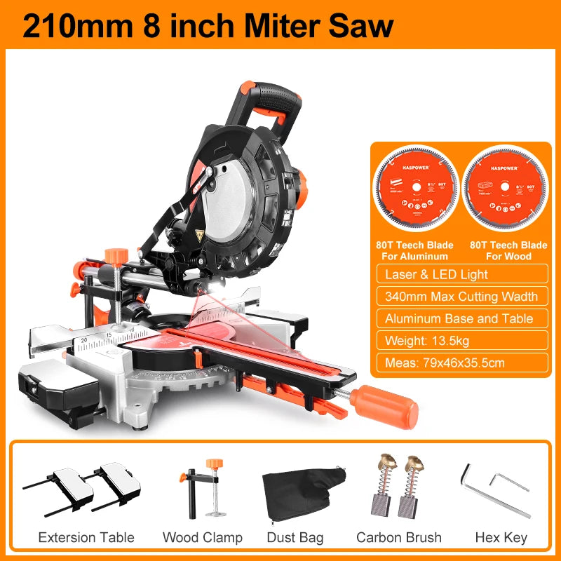 HASPOWER 8 Inch 210mm Sliding Miter Saw Single Bevel With Laser LED Light Electric Power Tool Cutting Machine