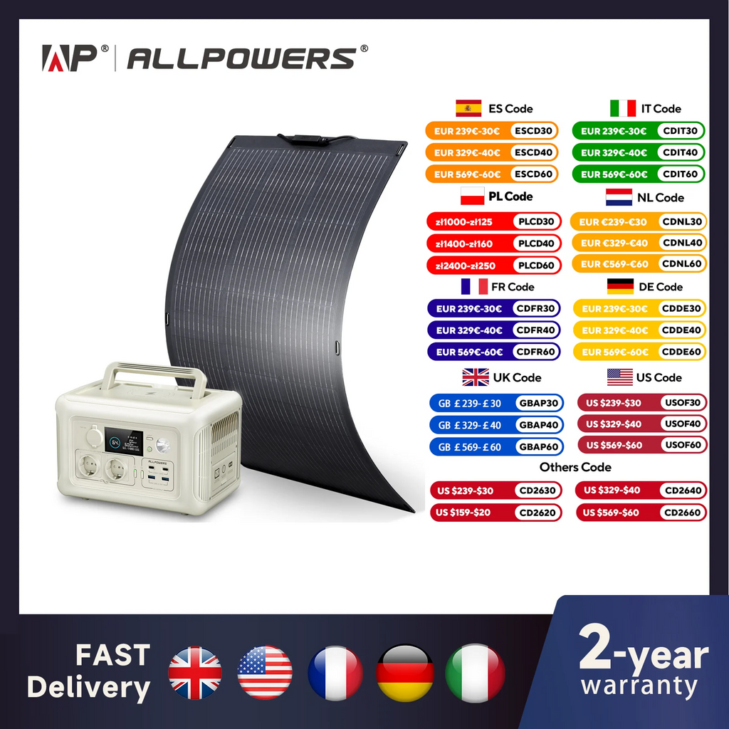 ALLPOWERS Solar Panel 200 / 100Watt High-Efficiency Monocrystalline PV Module Power Charger with Powerstation 600W Power Supply