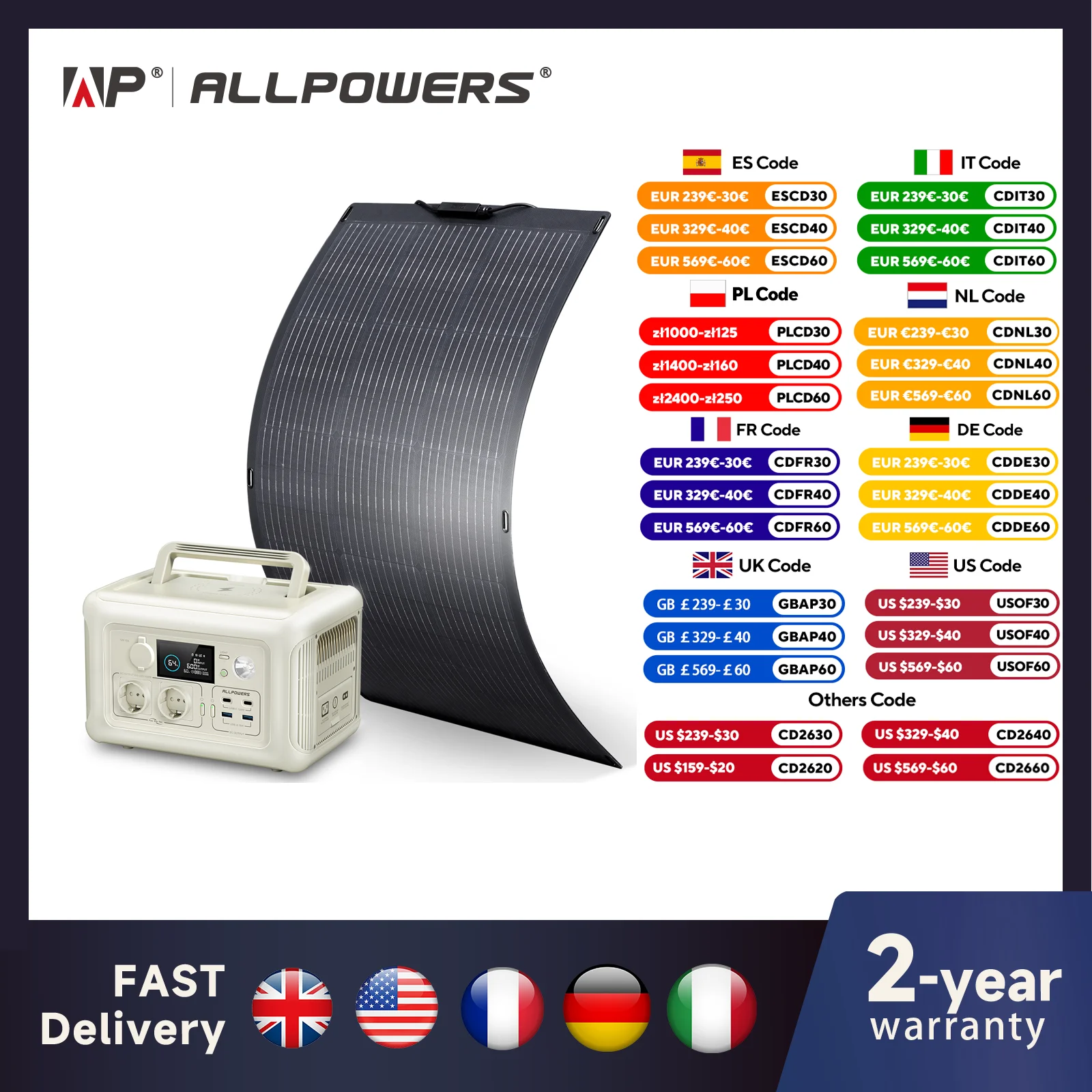 ALLPOWERS Solar Panel 200 / 100Watt High-Efficiency Monocrystalline PV Module Power Charger with Powerstation 600W Power Supply