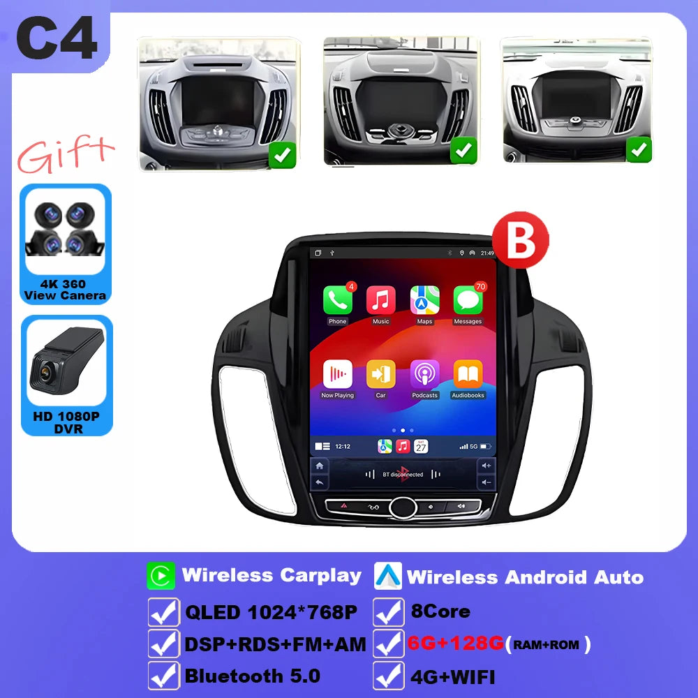 Wireless Android 15 Carplay For Ford Kuga 2 Escape 3 2012-2019 9.7 Inch Tesla Style Car Multimedia Player 5G Wifi Touch Display