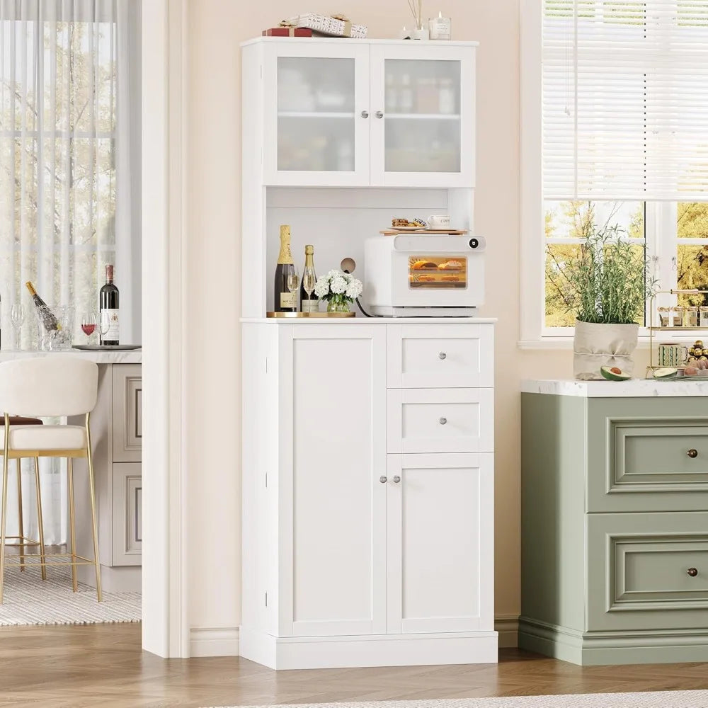 72" Tall Kitchen Pantry Storage Cabinet, Kitchen Hutch Cabinet with Doors and Shelves, Modern Food Pantry with 2 Drawers