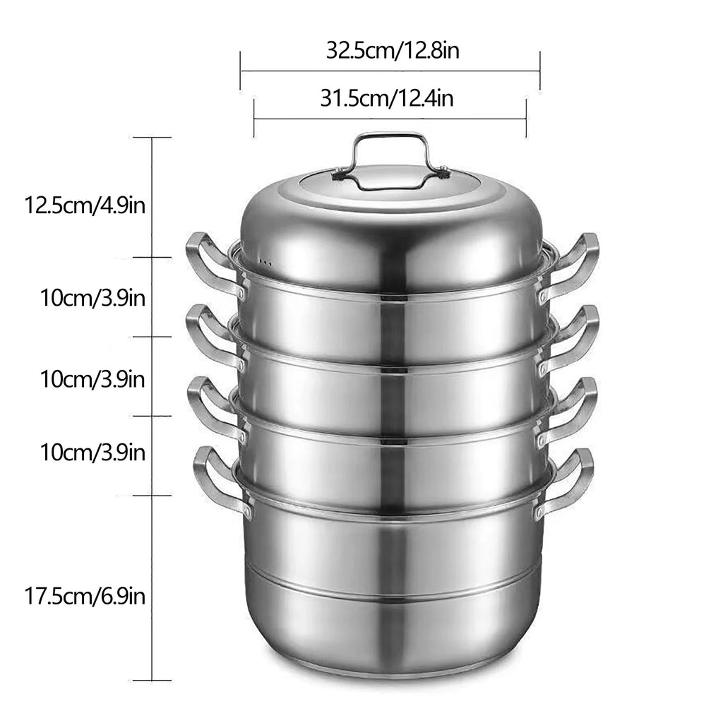 304 Thickened Stainless Steel Steamer, 32cm 5-Layer Stackable Universal Cooking Pot with Lid for Induction and Gas Cooker