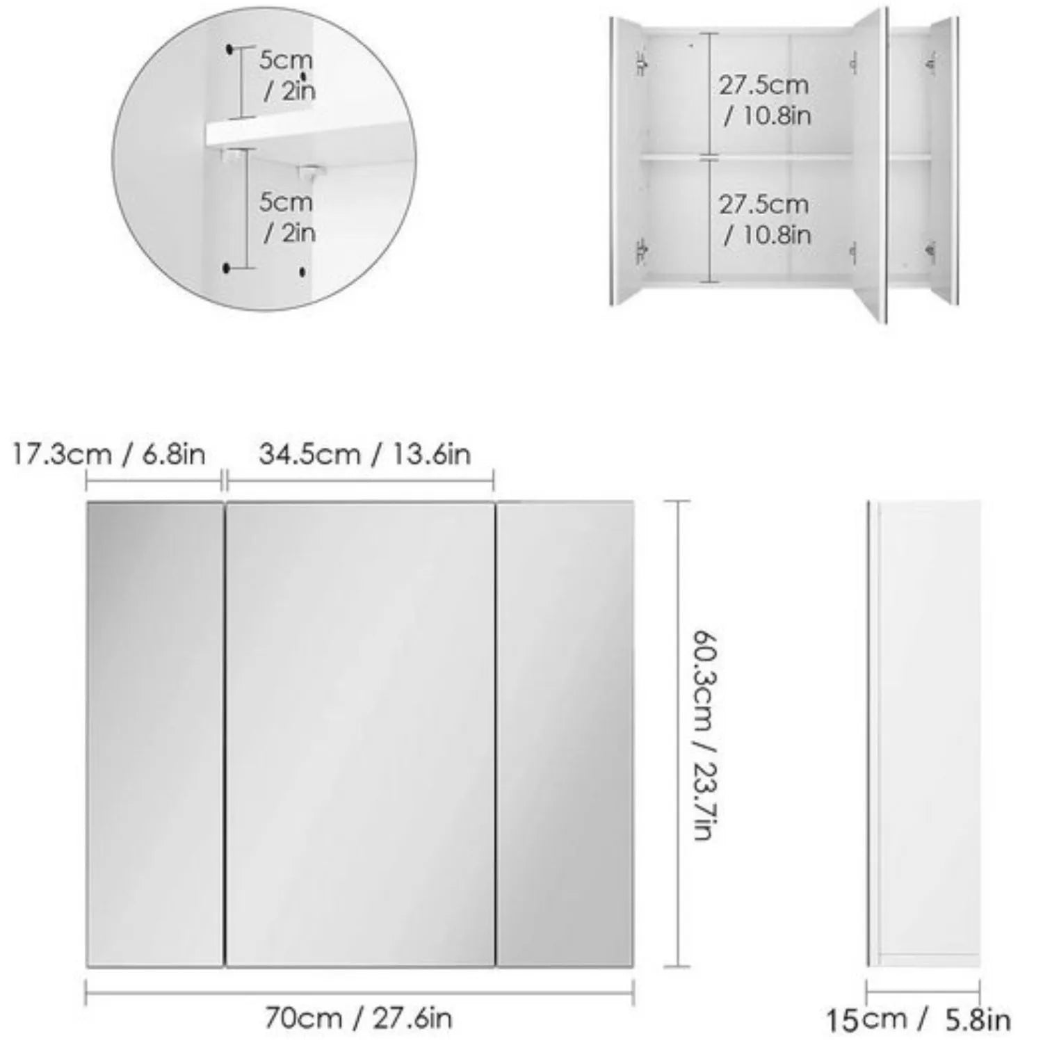 Getone Mirror Cabinet Bathroom Cabinet 3 Doors Bathroom Mirror Cabinet White 70x60x15cm Wood