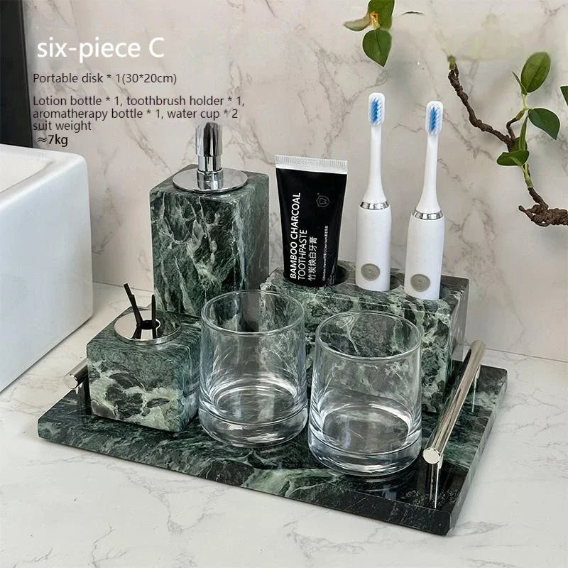 Luxury Marble Bath Set: Shampoo Bottles, Tray & Canister Organizer, Natural Stone Accessories for Home & Hotel Bathroom Decor