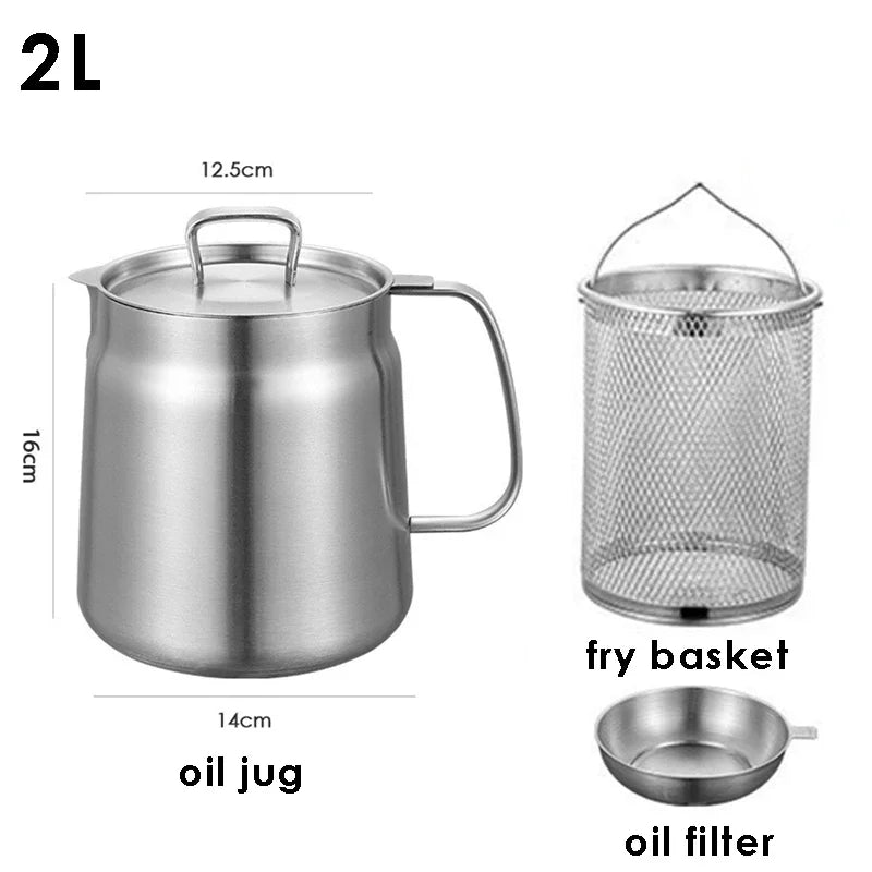 2L Multifunction Oil Filter Deep Fryer Frying Pan Heating Oil Pot Stainless Steel Fry Basket Oil Jug Food Container