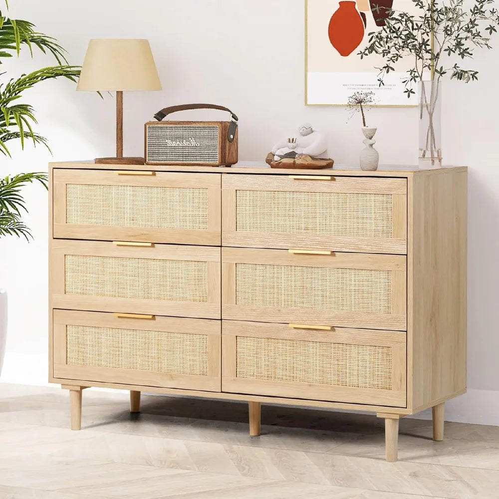 Rattan Dresser for Bedroom,Modern 6 Drawer Double Dresser with Gold Handles,Wood Storage Chest of Drawers fo Bedroom,Living Room