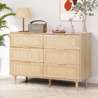 Rattan Dresser for Bedroom,Modern 6 Drawer Double Dresser with Gold Handles,Wood Storage Chest of Drawers fo Bedroom,Living Room