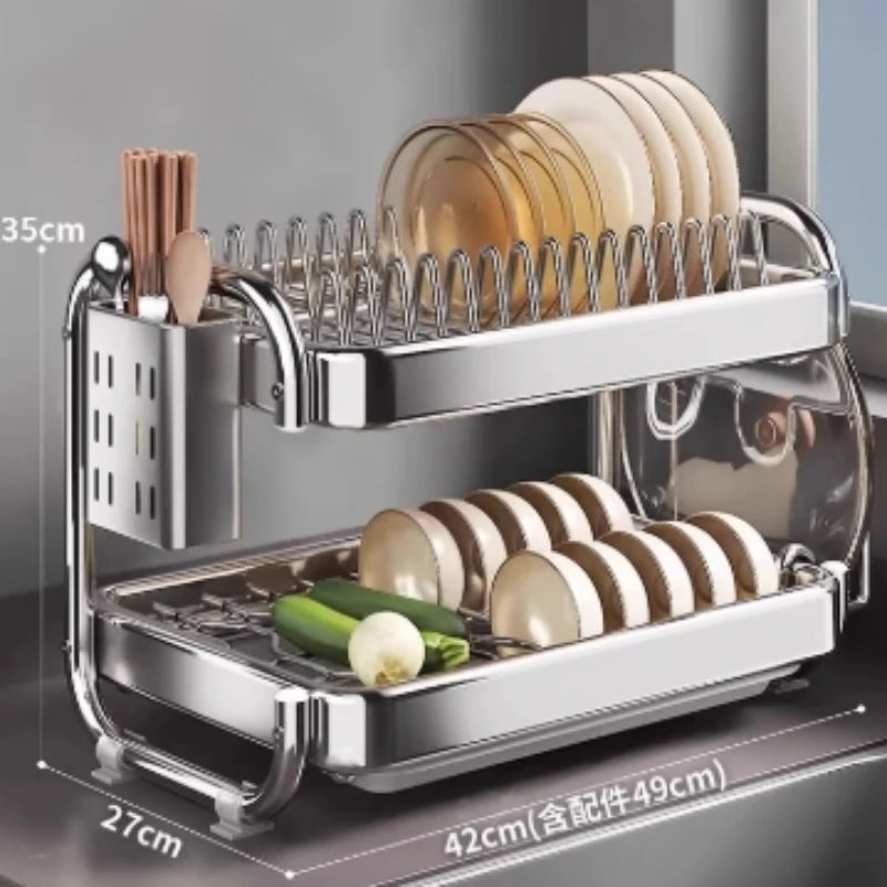 Stainless Steel Dish Rack Heavy Duty Compact Kitchen Sink Organizer with Drainage Tray Drying Rack for Plates Cups And Cutlery