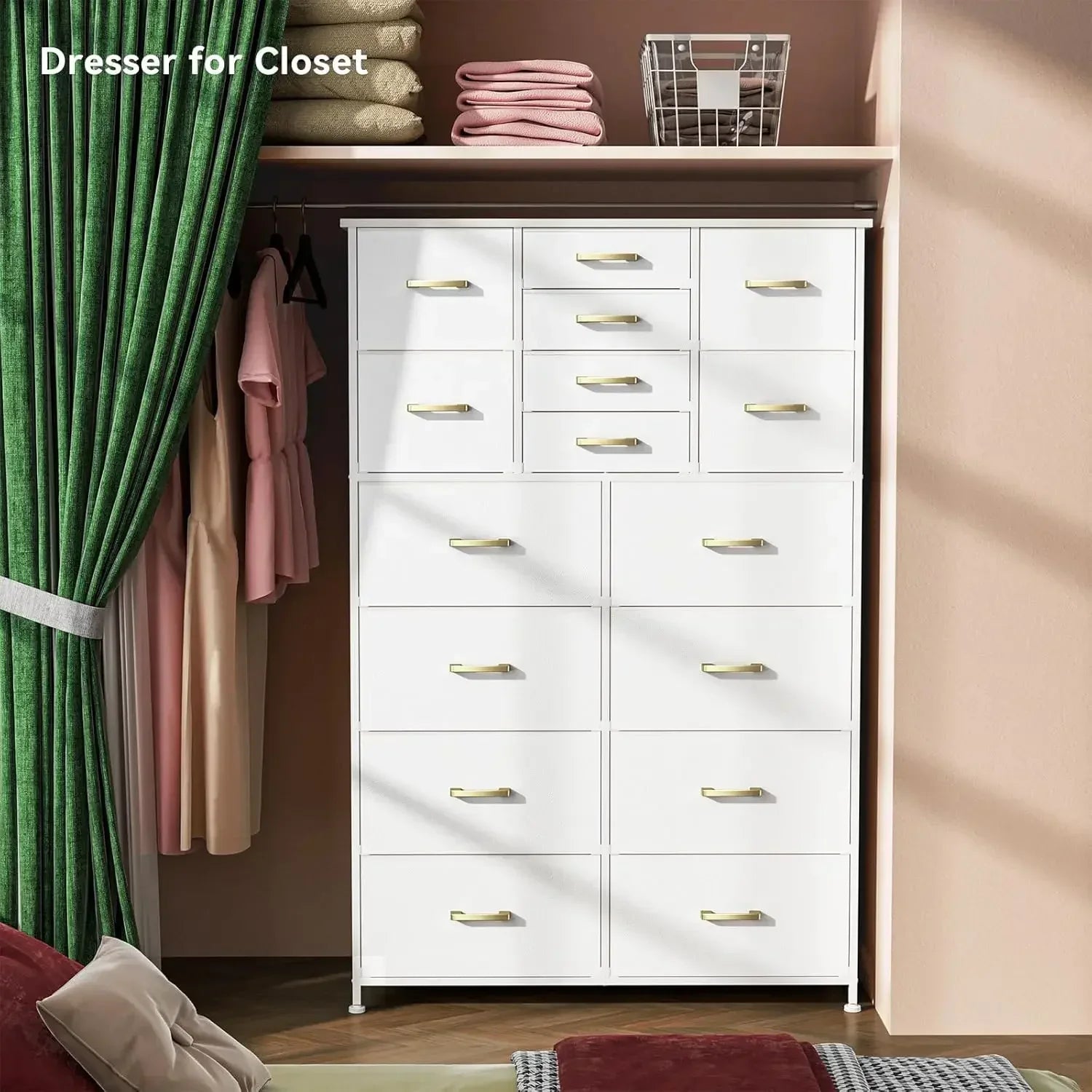 Tall Dresser for Bedroom,16 Drawer Dressers & Chests of Drawers, Fabric Bedroom Dresser with Wood Top, Metal Frame,Storage Tower
