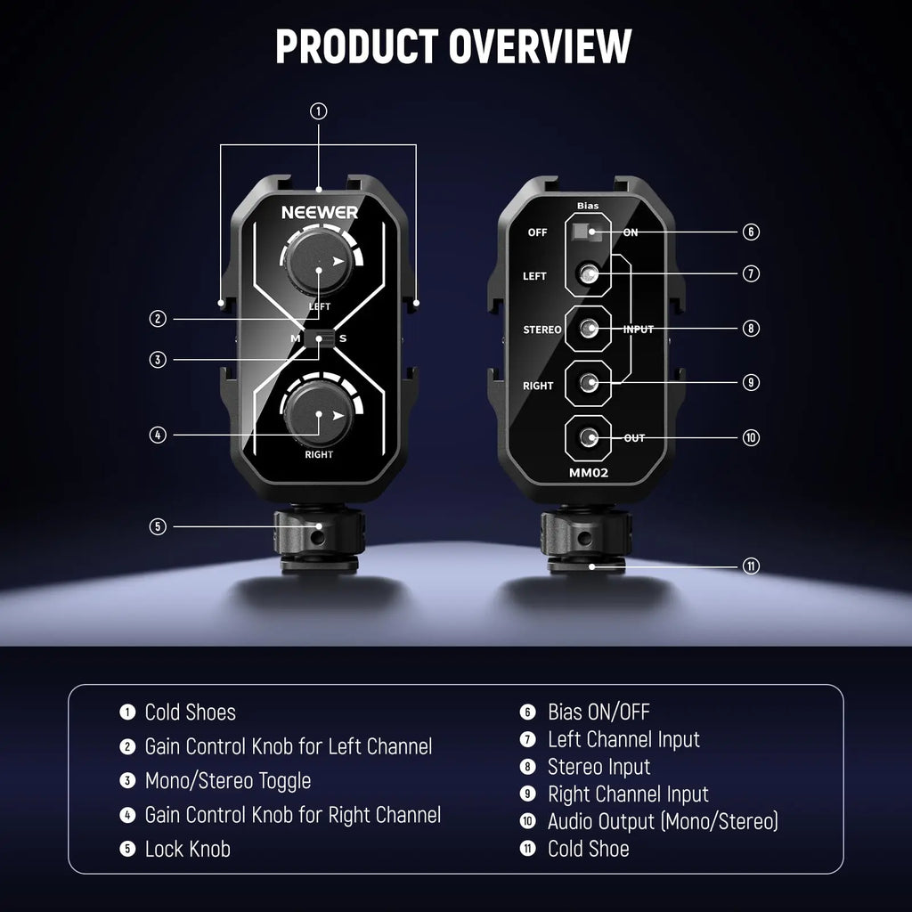 NEEWER MM02 Dual Channel Microphone Audio Mixer Adapter with 3.5mm TRS Cable Stereo/Mono Switch Cold Shoe Mounts for DSLR Phone