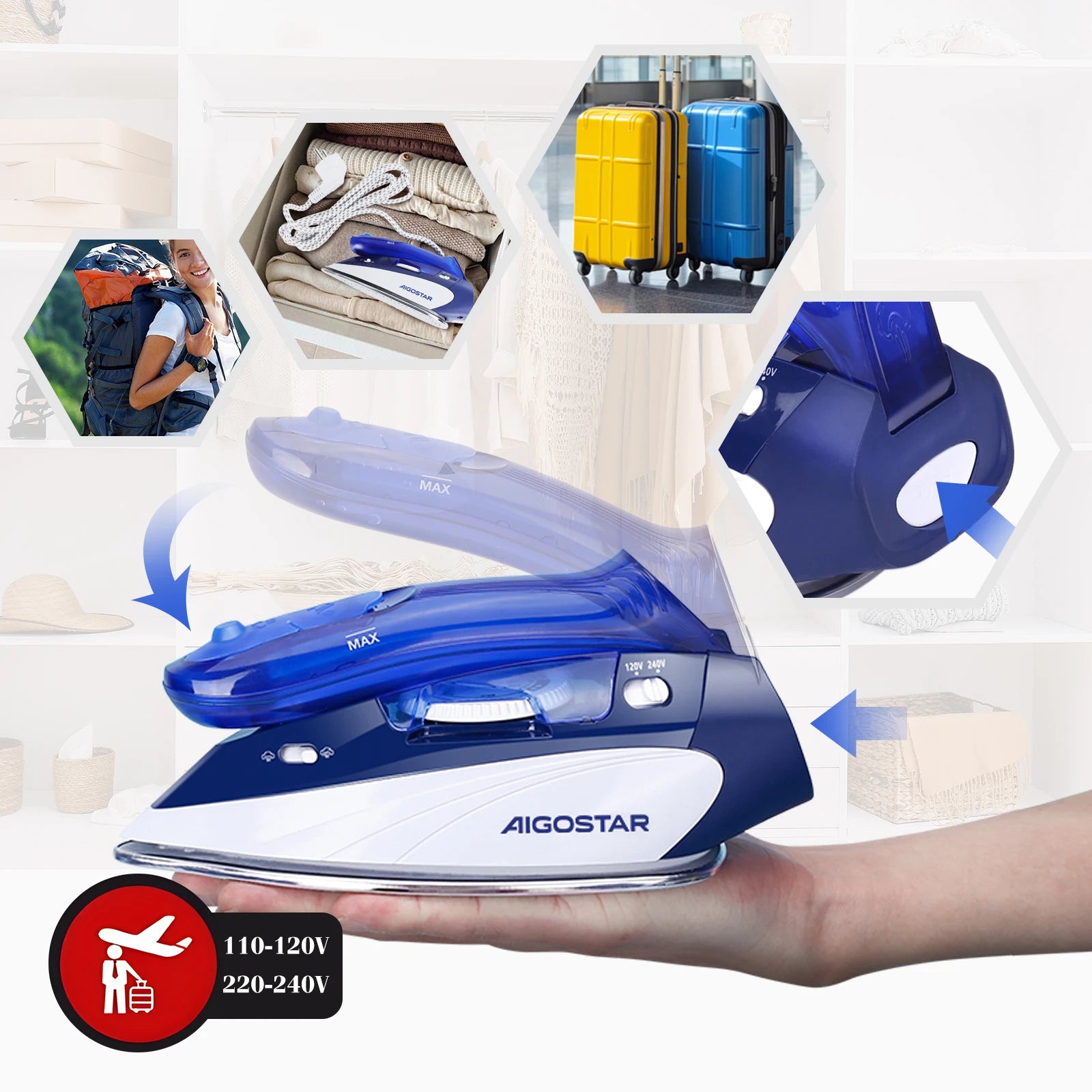 Travel steam iron 1100W, travel iron 110/240V, portable foldable handl
