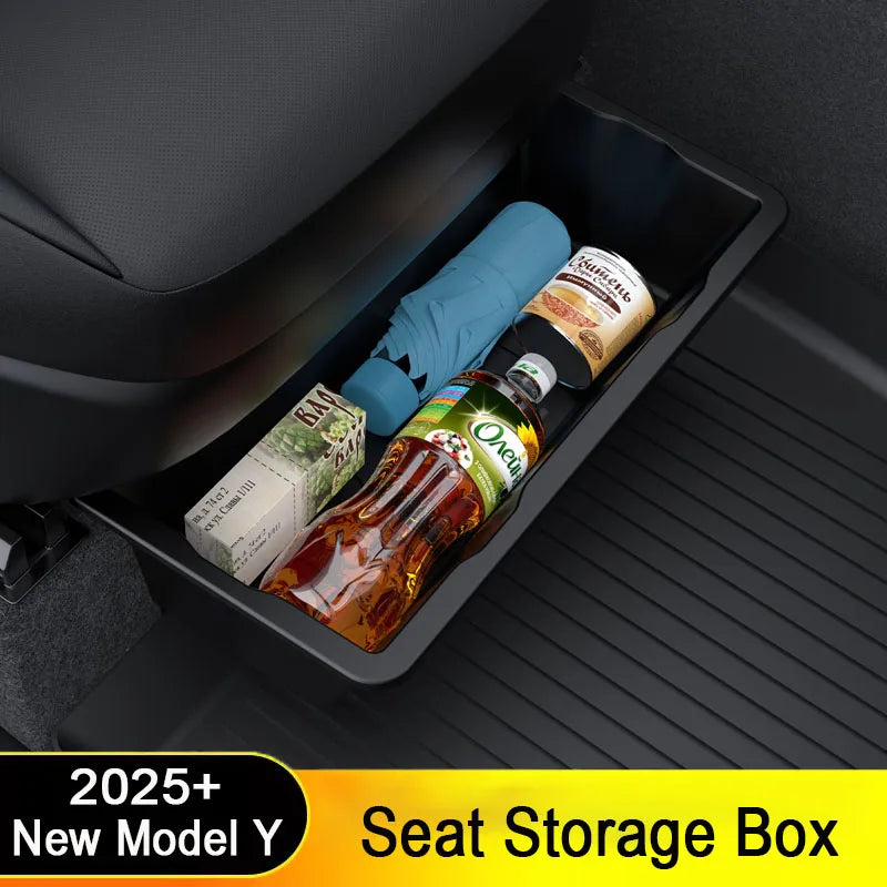 For Tesla Model Y Juniper 2025 Front Rear Under Seat Storage Box Bins Center Console Organizer Hidden Drawer Travel Accessories