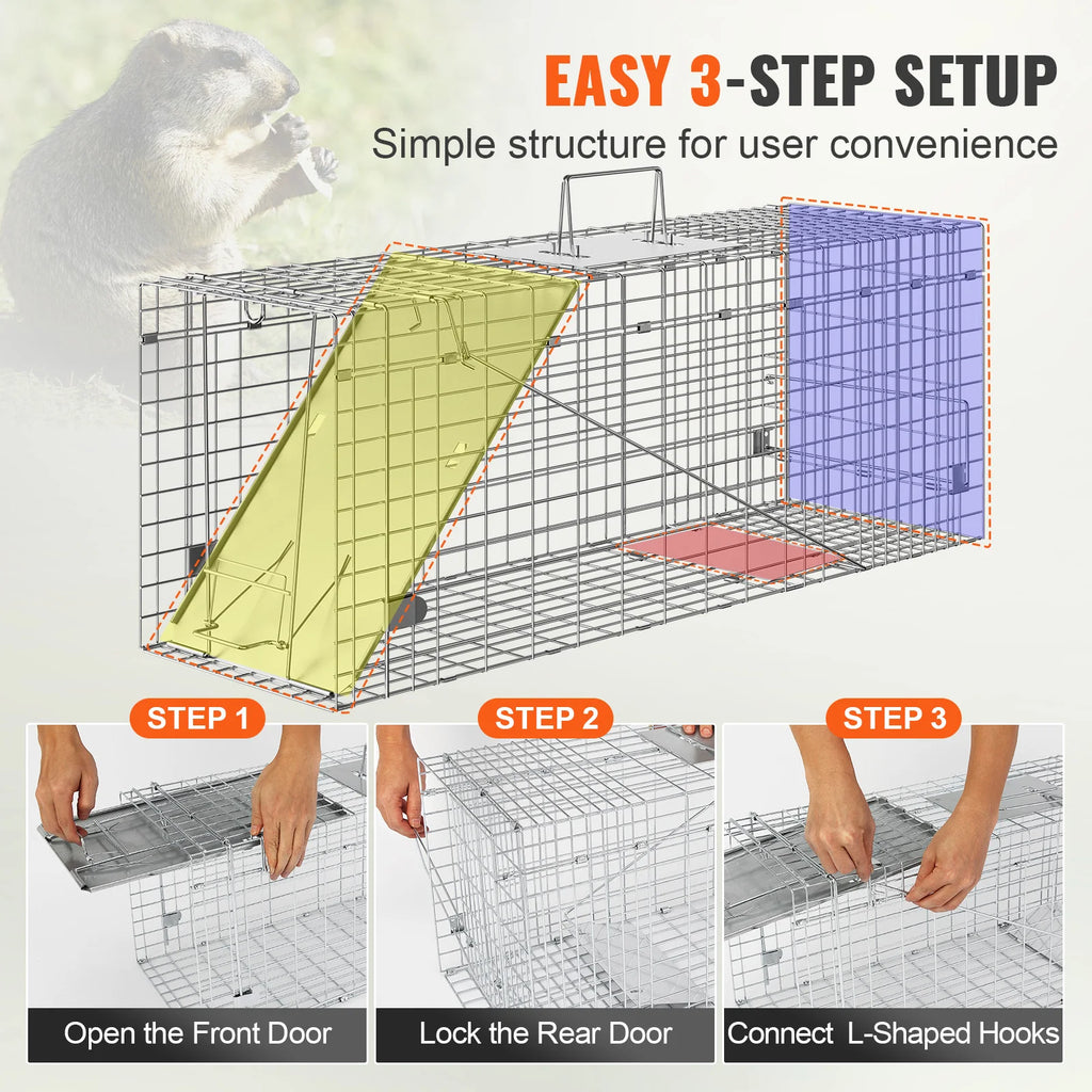 VEVOR 24/31/42/50in Live Animal Cage Trap Folding Humane Cat Trap Galvanized Iron with Handle for Rabbits Squirrels Groundhogs