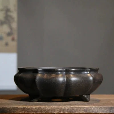 Purple Sand Bonsai Pot Vase, Chinese Shape, Carved, Home Room, Desk, Table, Garden Decoration