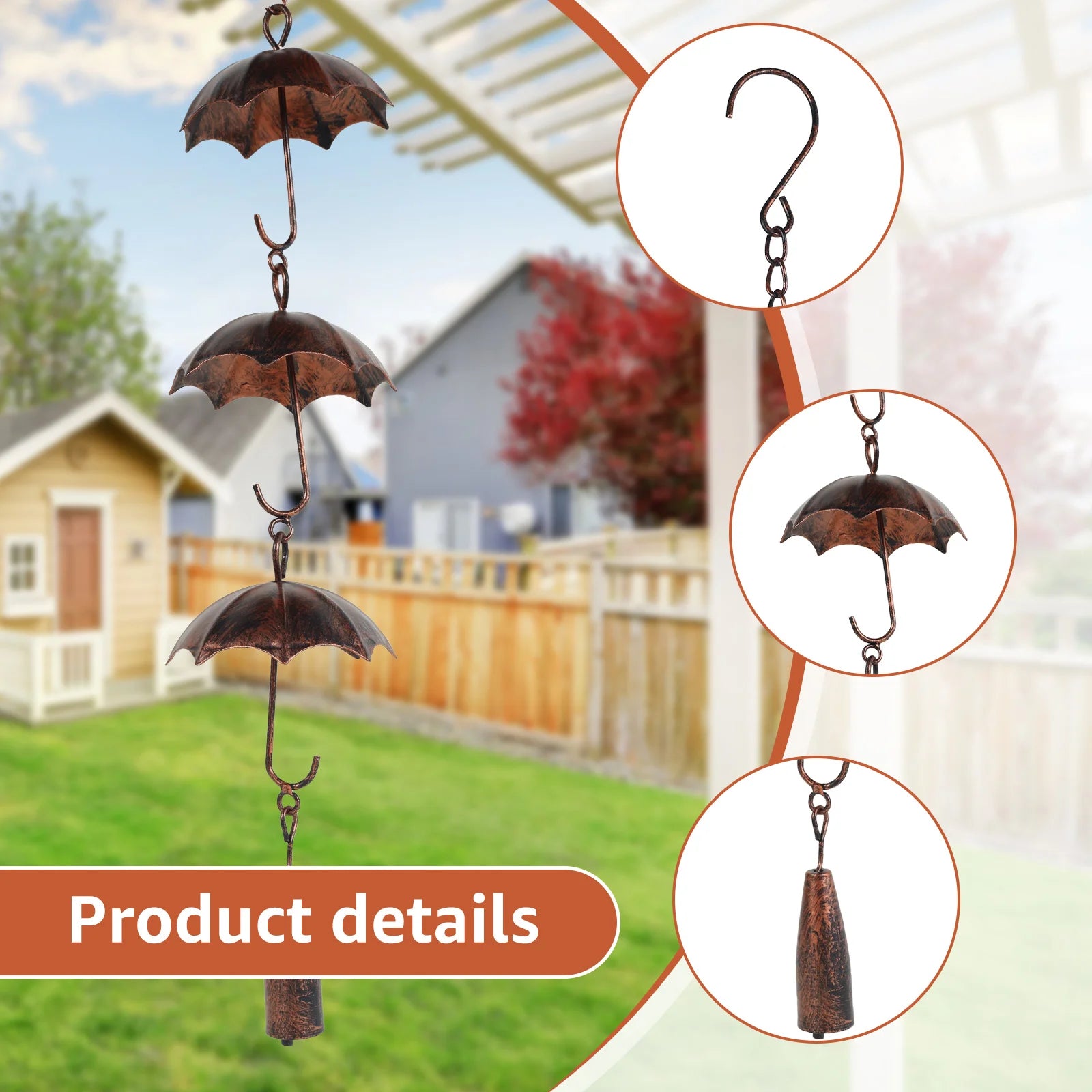 Metal Rain Chain Pinecone/Umbrella Decorative Rain Gutter Chains Vintage Gutter Chain Downspout with Hooks for Yard Garden Decor