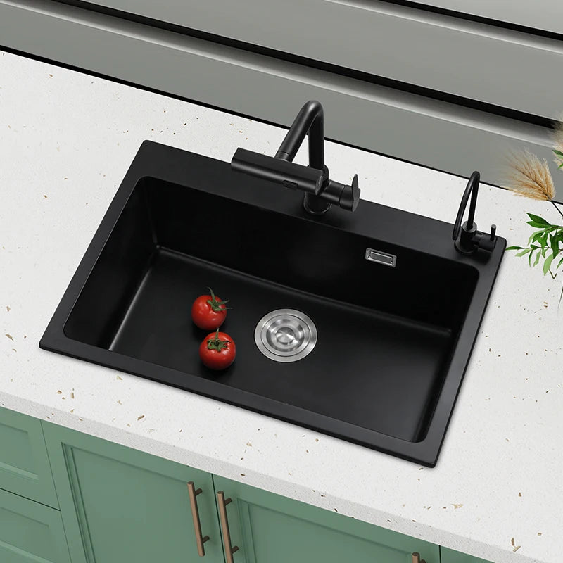 Black Quartz Stone Sink, Kitchen Large Single Sink, Household Vegetable Embedded Countertop Sink