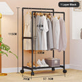 Movable Double Rod Clothes Rack Wheels Heavy Duty Coat Shelf with Bedroom Floor Hangers Organizer Home Shoe Hat Storage Racks