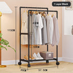 Movable Double Rod Clothes Rack Wheels Heavy Duty Coat Shelf with Bedroom Floor Hangers Organizer Home Shoe Hat Storage Racks
