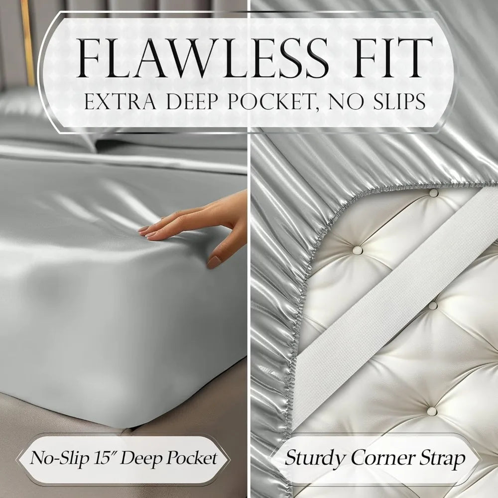 Satin Bed Sheets - 4 Piece Luxury Silky Queen Size Bedding Set, Wrinkle-Free with 15” Deep Pocket Fitted Sheet, Bedding Set