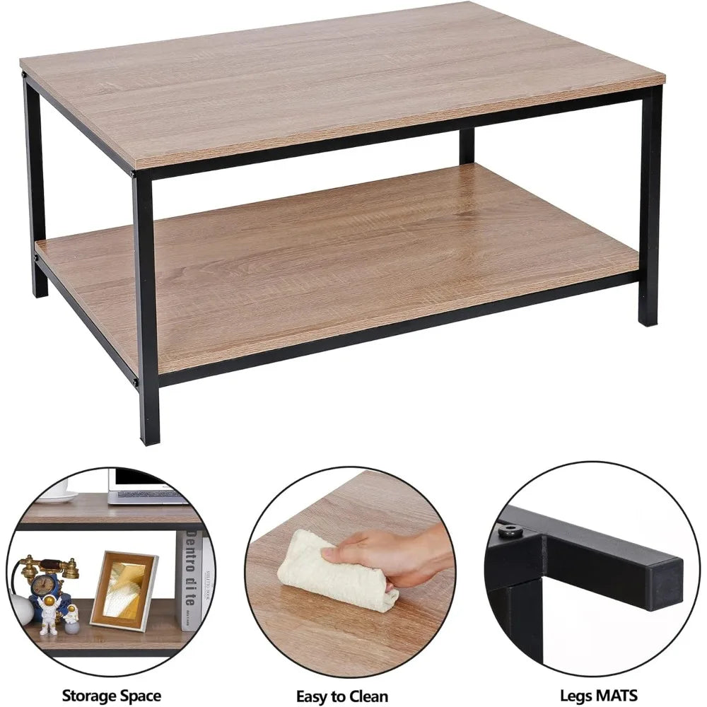 Industrial Coffee Table with Storage Shelf for Living Room, Wood Look Accent Furniture with Vintage Wooden Board Stable Metal F