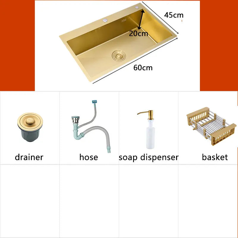 Gold Kitchen Sink Above Counter 304 Stainless Steel Single Bowl Goldn Basket Drainer Soap Dispenser Washing Basin