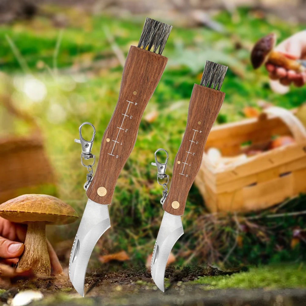 Kitchen Knives Mini Mushroom Knife Stainless Steel Wooden Handle with Keychain Brush Sharp Multifunctional Folding Knife Brush