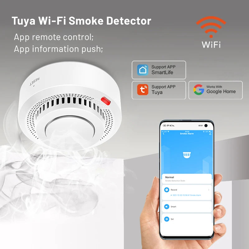 Tuya Smart WiFi Smoke Sensor Alerts & 85dB On-Site Alarm When Smoke Detected Ensure Safety Anytime Smartlife APP Contorl