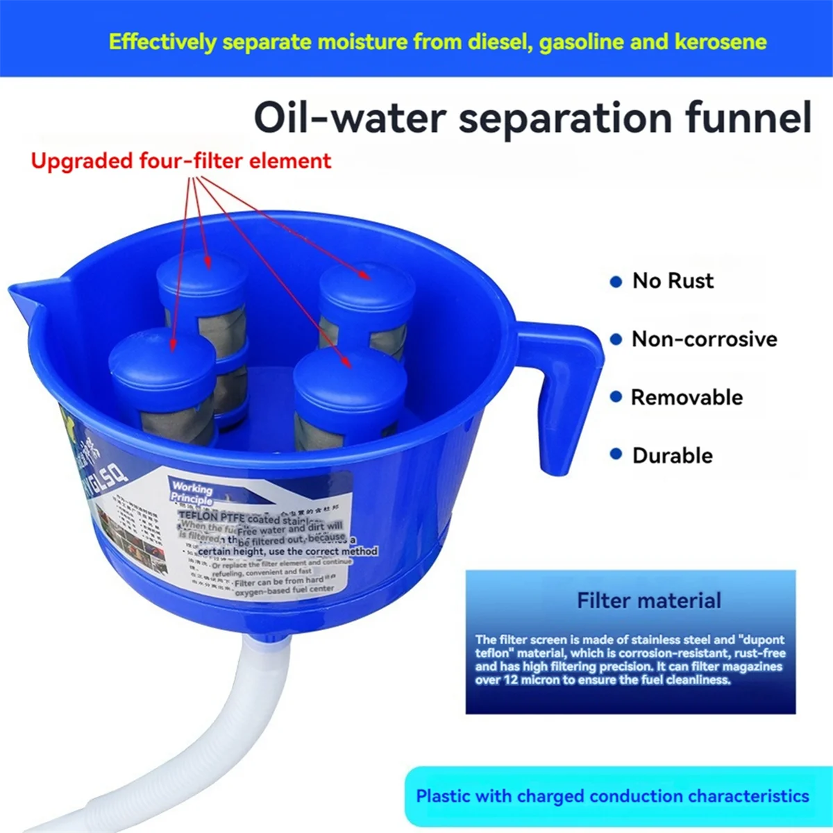 Funnel Type Oil and Water Separator with Four Filter Elements Diesels Gasoline Fuel Filter Fitting Accessories