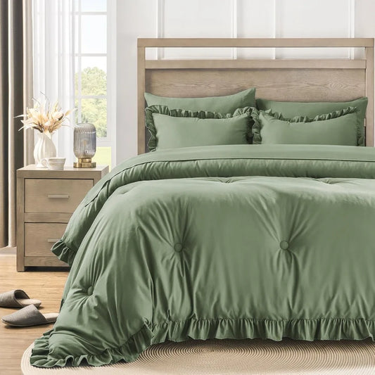 Bedding Set, 7 Pieces King Comforter Set in Green Ruffle, Shabby Chic Bed in A Bag with Premium Brushed Microfiber, Bedding