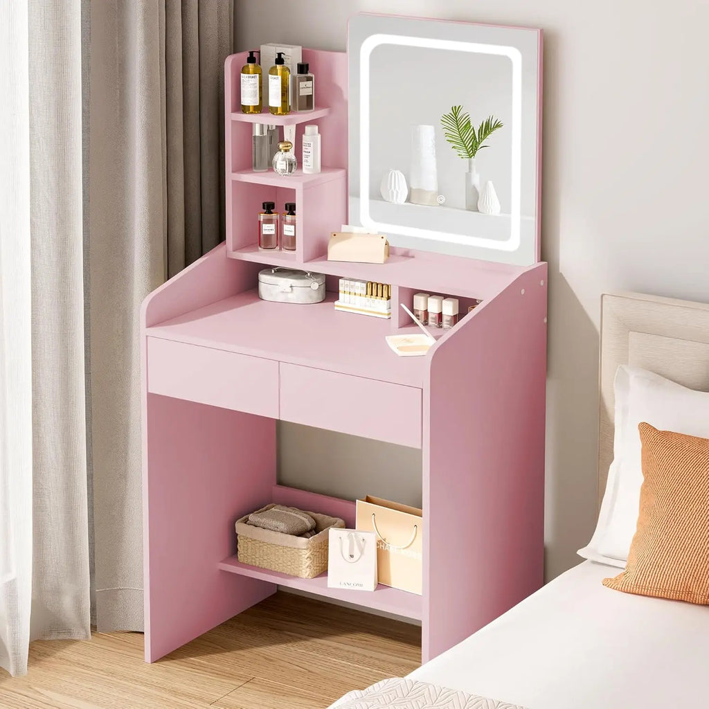 Small Vanity Desk Set with Square Mirror and Light- Vanity Desk with Drawer