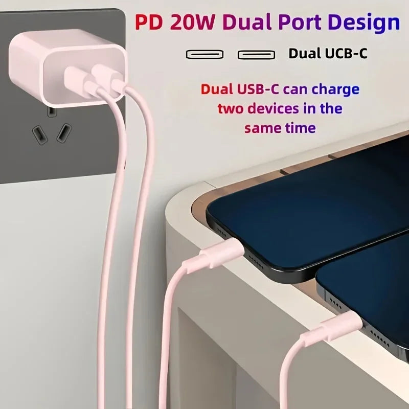 Fast Charging Secure Power Adapter With Dual PD20W USB-C Charger And 2 Type-C To Lightning Cables For IPhone 14/13/12/11/XS/XR
