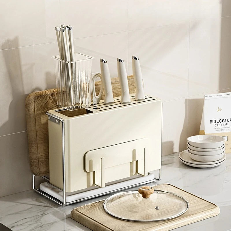 Kitchen Knife Holder Rack with Lid Stand and Chopstick Storage Magnetic Drain Design for Countertop Organization Use
