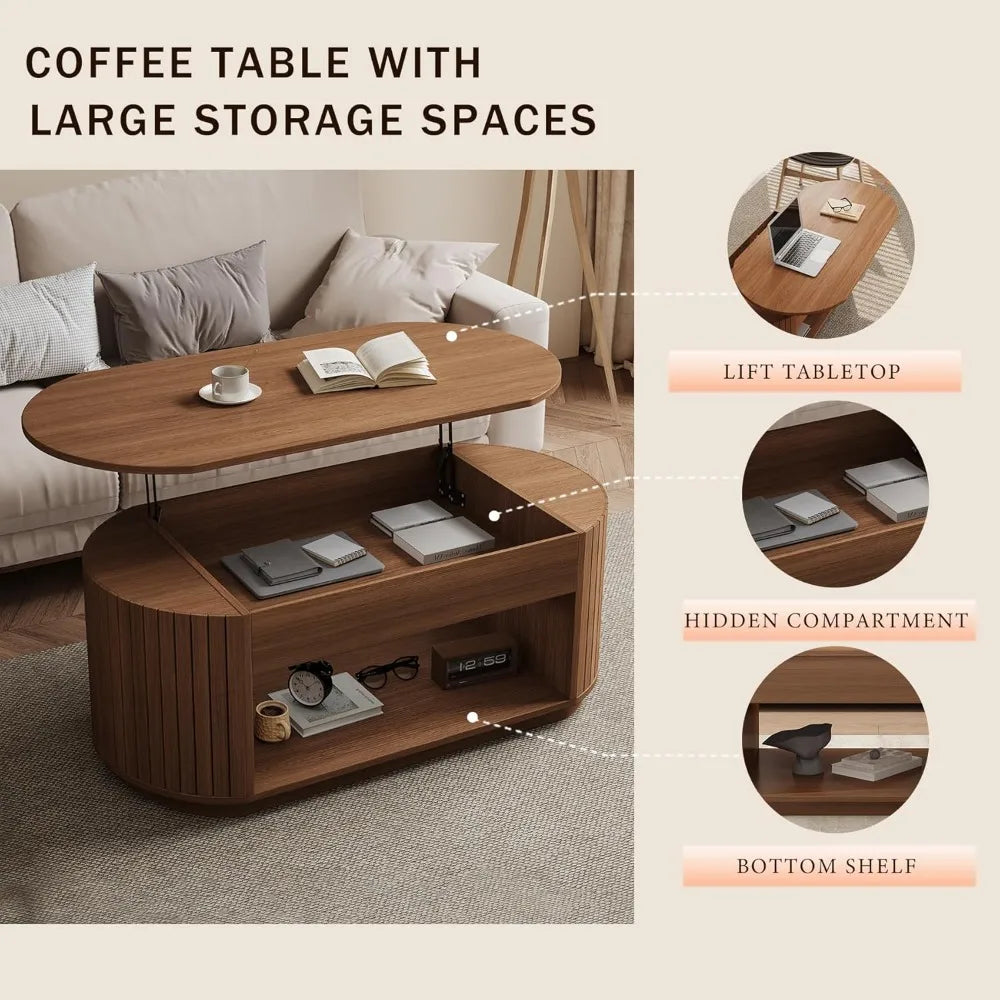 47-Inch Lift Top Wood Coffee Table with Hidden Storage Compartment and Open Shelf for Living Room, Fluted Oval Center Tea Table