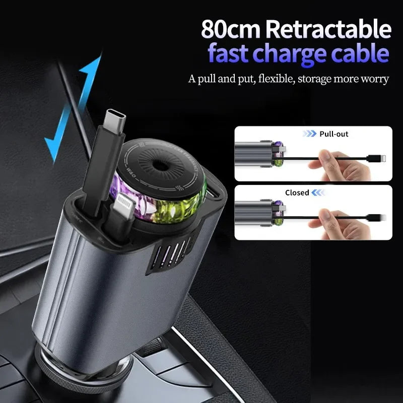5-In-1 Car 45W Retractable Phone Charger with Type C PD Cable Aromatherapy Essential Diffuser Roof Starlight For IPhone Andriod