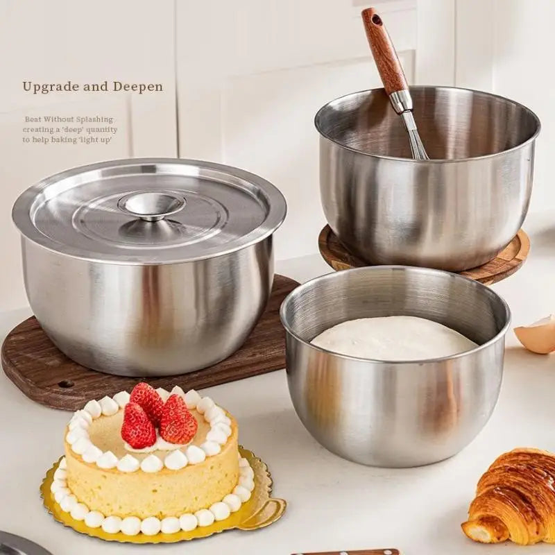 Kitchen Stainless Steel Egg Beater Basin Fruit Salad Stirring Seasoning Bowl With Lid Food Storage Container Home Cooking Tools