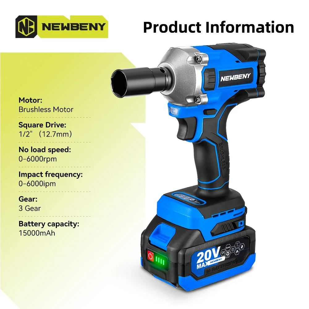NEWBENY 1000N.m Brushless Electric Wrench 3 Gear Cordless Handheld Impact Wrench Driver Power Tool For Makita 18V Battery Pin